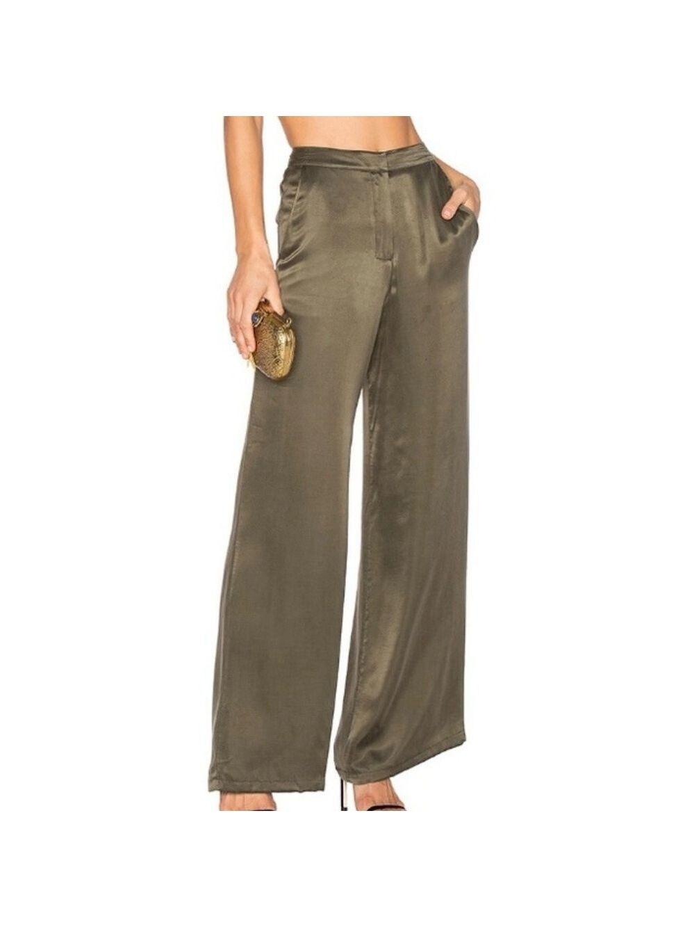 House of Harlow 1960 Olive Satin Wide-Leg Pants | Size Small - Picture 3 of 7